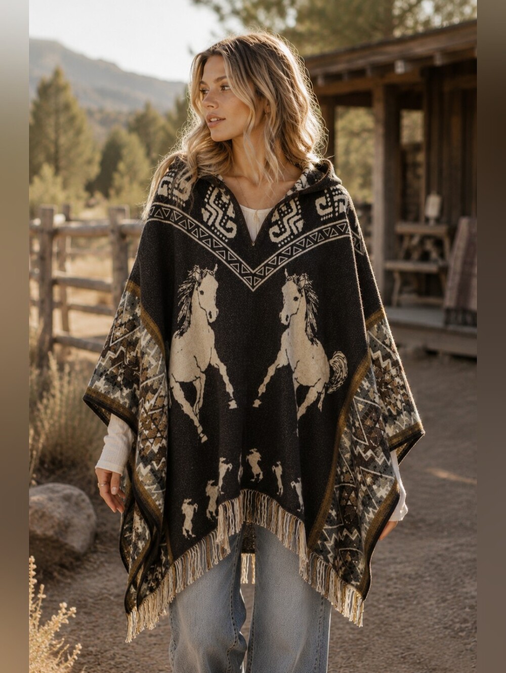 Gorgeous Horse Pattern Alpaca Wool Poncho OS NWT